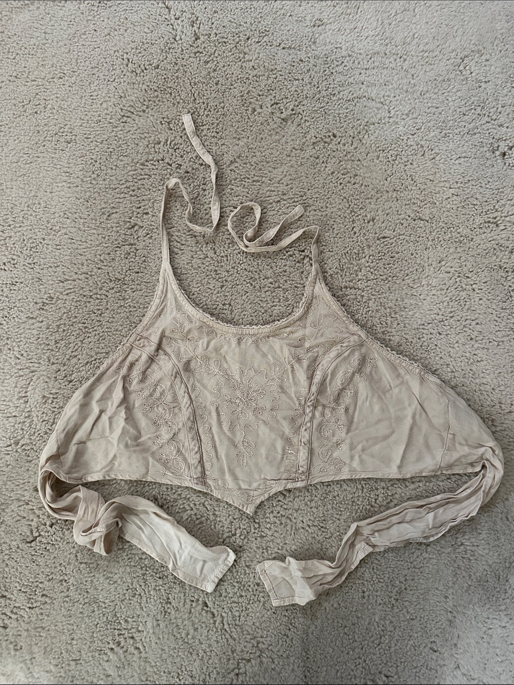 Cream Embroidered Halter Crop Top with Tie Back